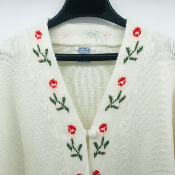 Vintage Sears Floral 100% Acrylic Cardigan Sweater Grandma Cottage Size L? Roses - Picture 2 of 10